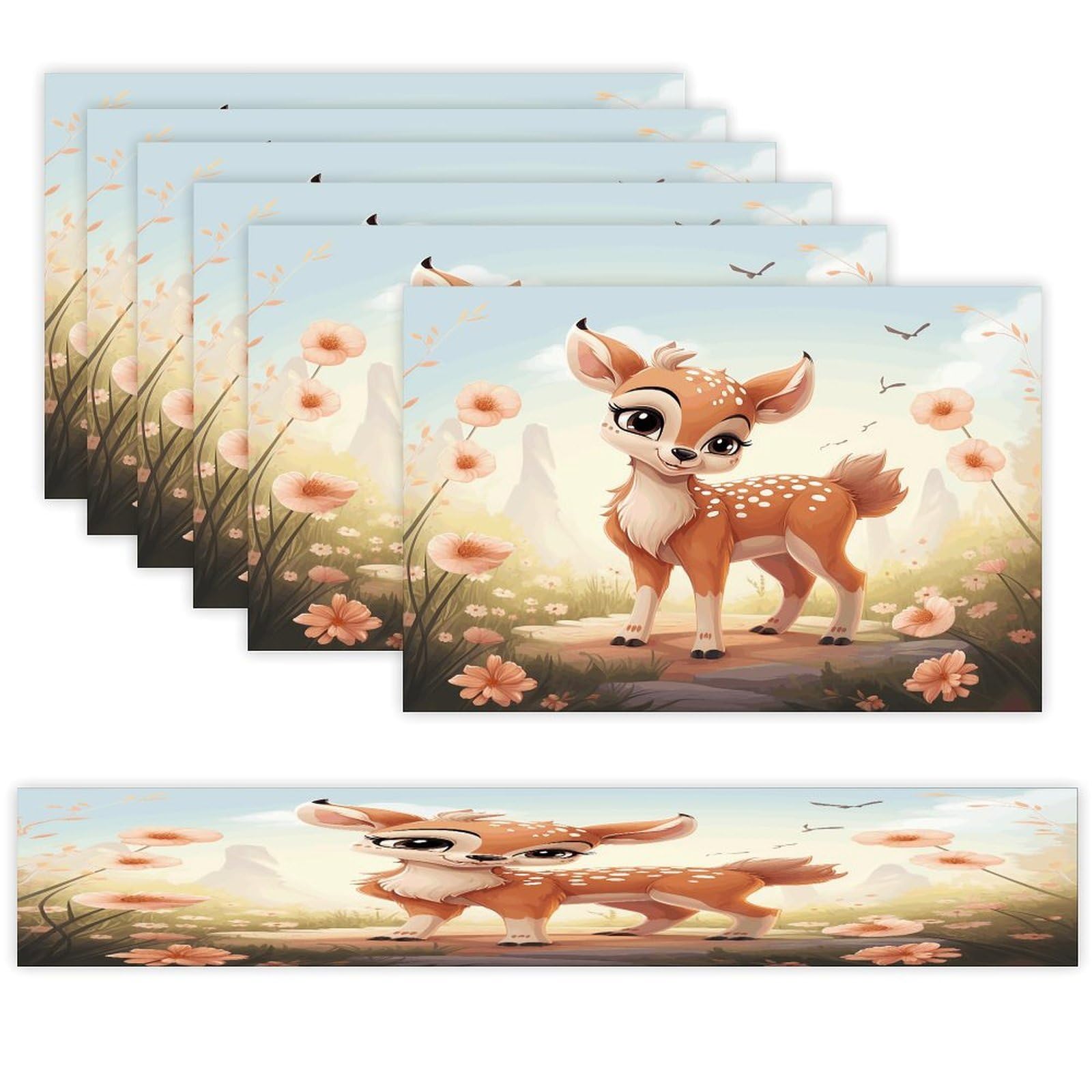 Lovely Deer Table Runner and Placemats Set of 6 for Kitchen Washable Table Mats Heat Resistant Place Mats Non-Slip Place Mat Wipeable Placemat(6 Placemats+1 Table Runner)