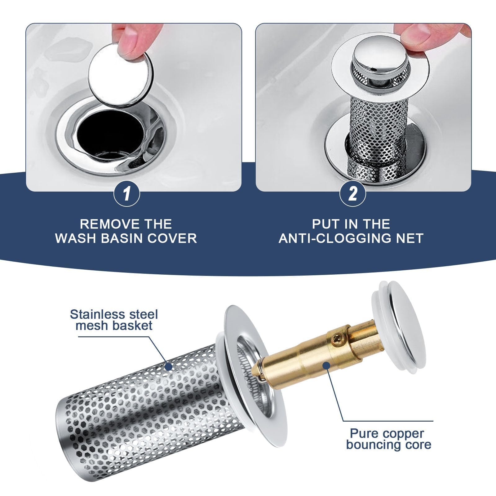 2 Filtri Lavandino Acciaio Inox 33x50 Mm - Anti Intasamento, Raccogli Capelli, Per Cucina E Bagno, Con Anima In Rame - Foto 10