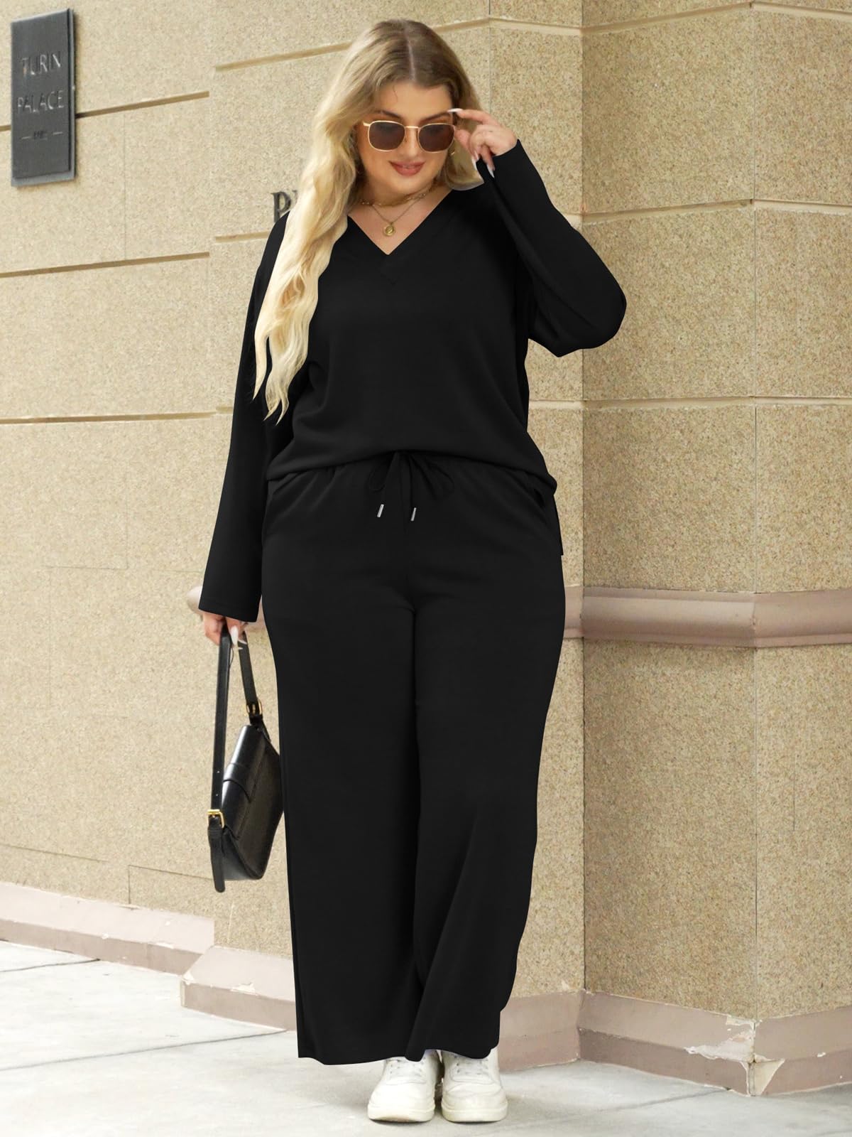 VUTRU Chándal de dos piezas para mujer, elegante, de algodón, cuello redondo, de manga larga y pantalones anchos con bolsillos, traje deportivo para mujer
