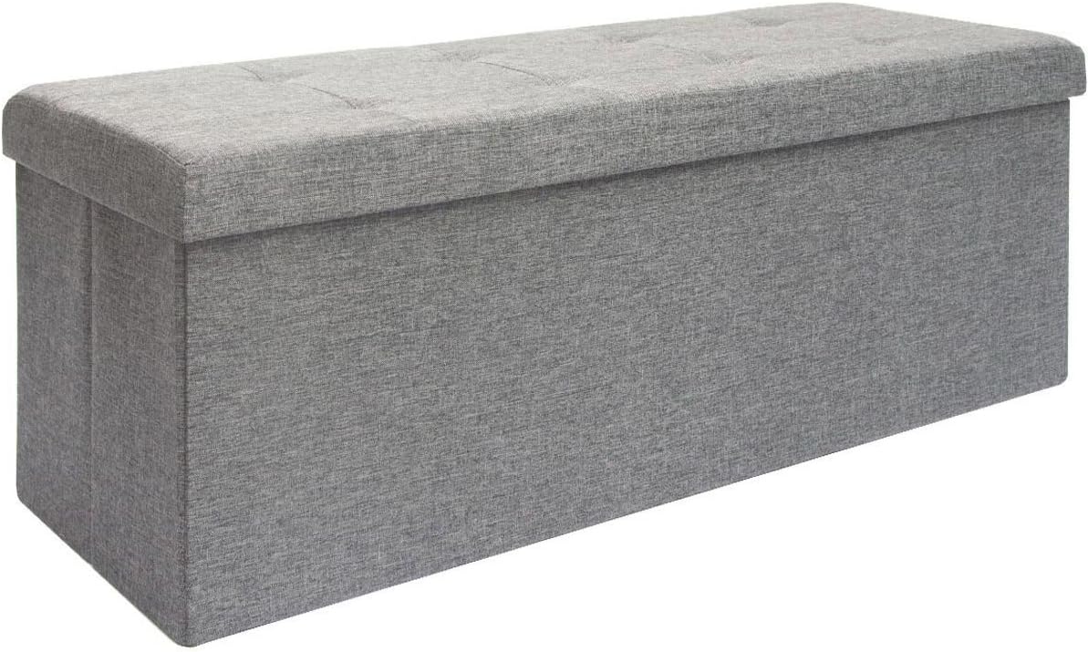 DuneDesignfolding Ottoman 110x38x38cm XXL incl 2 partitions 120L rectangular Storage Bench upholstered lid seat 3 container to store Light Grey