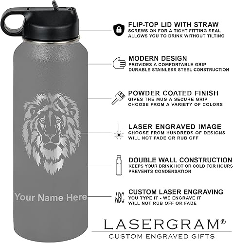 Vista 147 de LaserGram Botella de agua personalizada, palitos de lacrosse, acero inoxidable de doble pared aislada al vacío con popote superior, regalo grabado