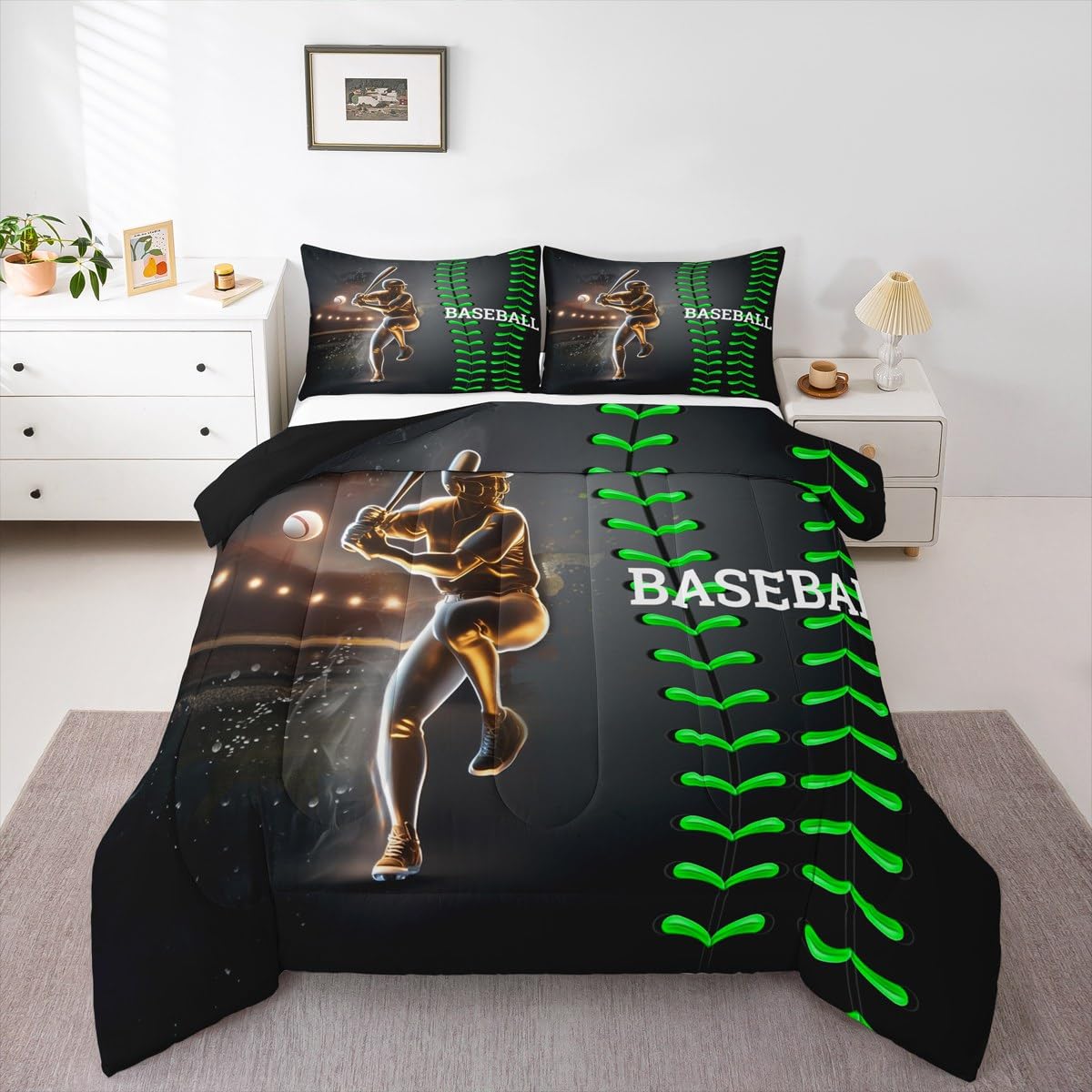 Erosebridal Baseball Bedding Set, Golden Athlete Comforter Set Twin Size, Sports Games Down Comforter for Kids Boys Girls Bedroom Decor, Glitter Outer