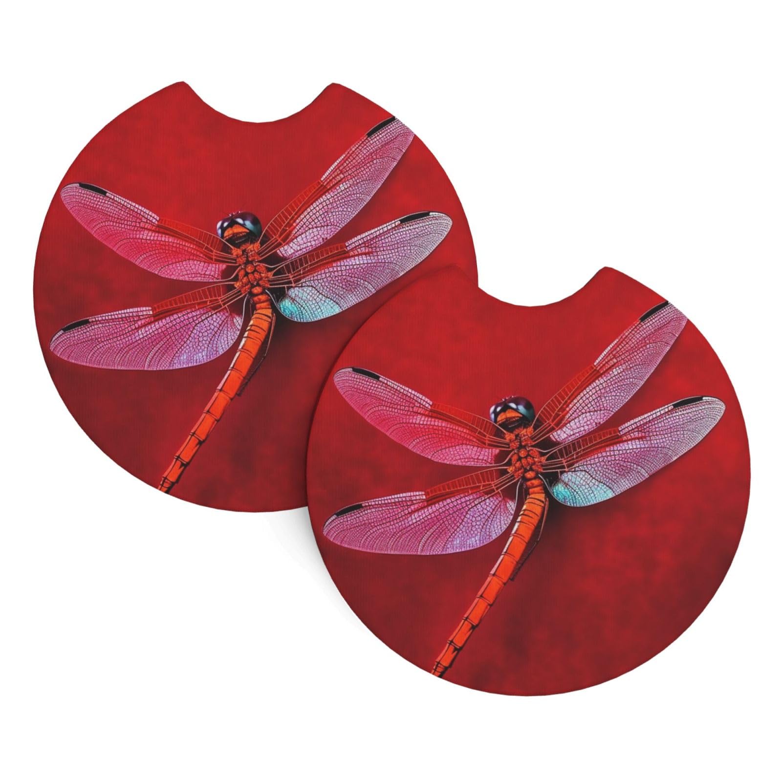 2PCS Car Coaster for Cup Holders Universal Auto Cup Mat Dragonfly on Red Background Cup Coaster Pad 2.7" Waterproof Neoprene Non-Slip Cup Holder Coasters Car Interior Accessories for Women Men