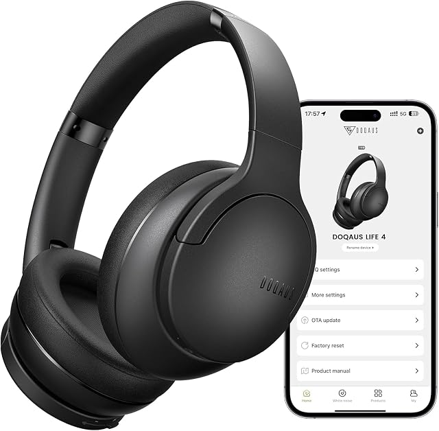 DOQAUS Casque Bluetooth sans fil sur oreille, 90H Temps de jeu & Personnalisé de l'application 9 EQ, BT 5.4 HiFi Casque audio stéréo avec mousse de mémoire douce pour le voyage, Gym & Jours par jour
