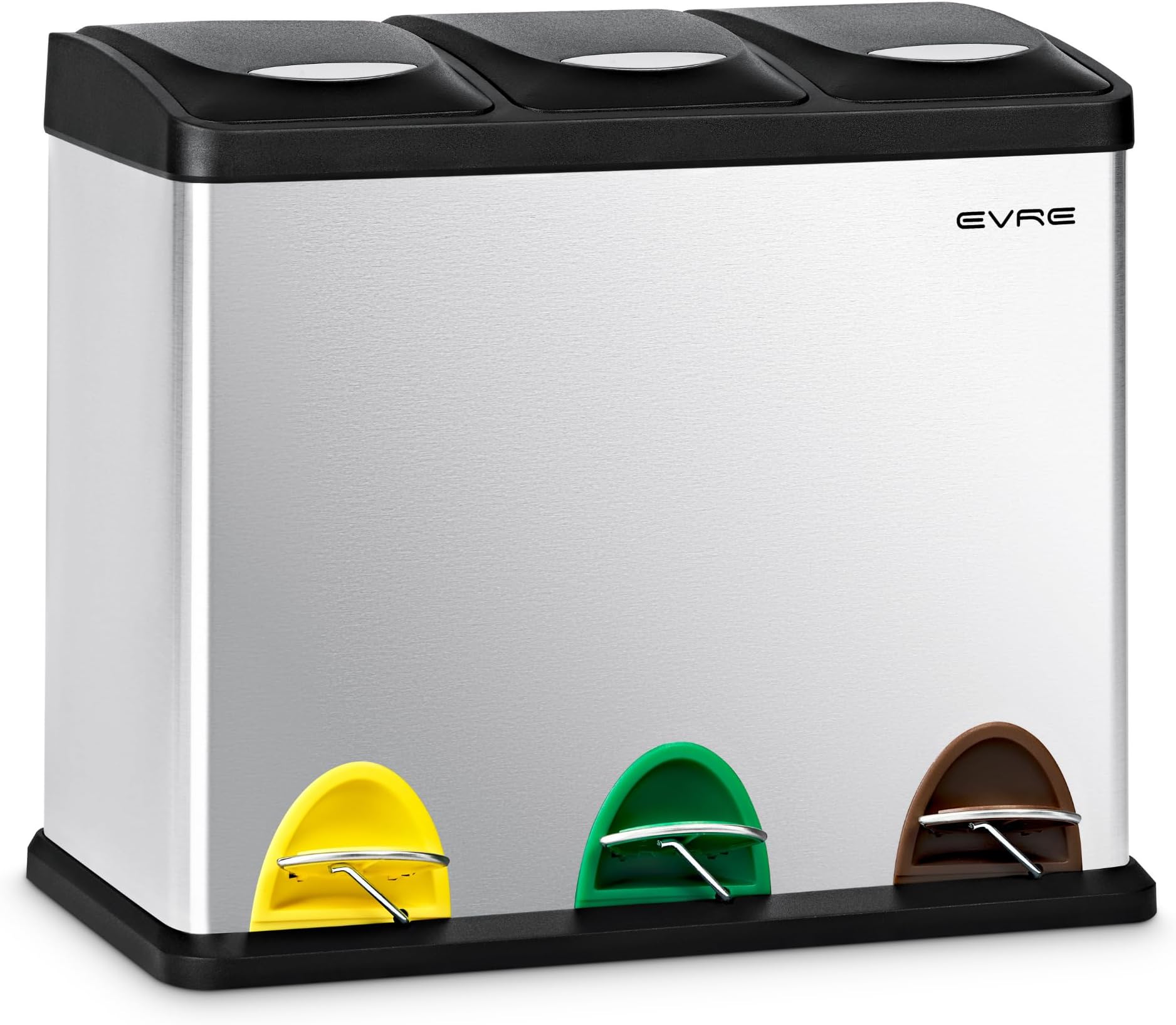 EVRE 24 Litre 3 x 8 L Compartmental Recycling Bin with Removable Inner Buckets Odour Seal and Colour Coding Waste Separation for Kitchens, Offices Indoor Food Waste Non Slip