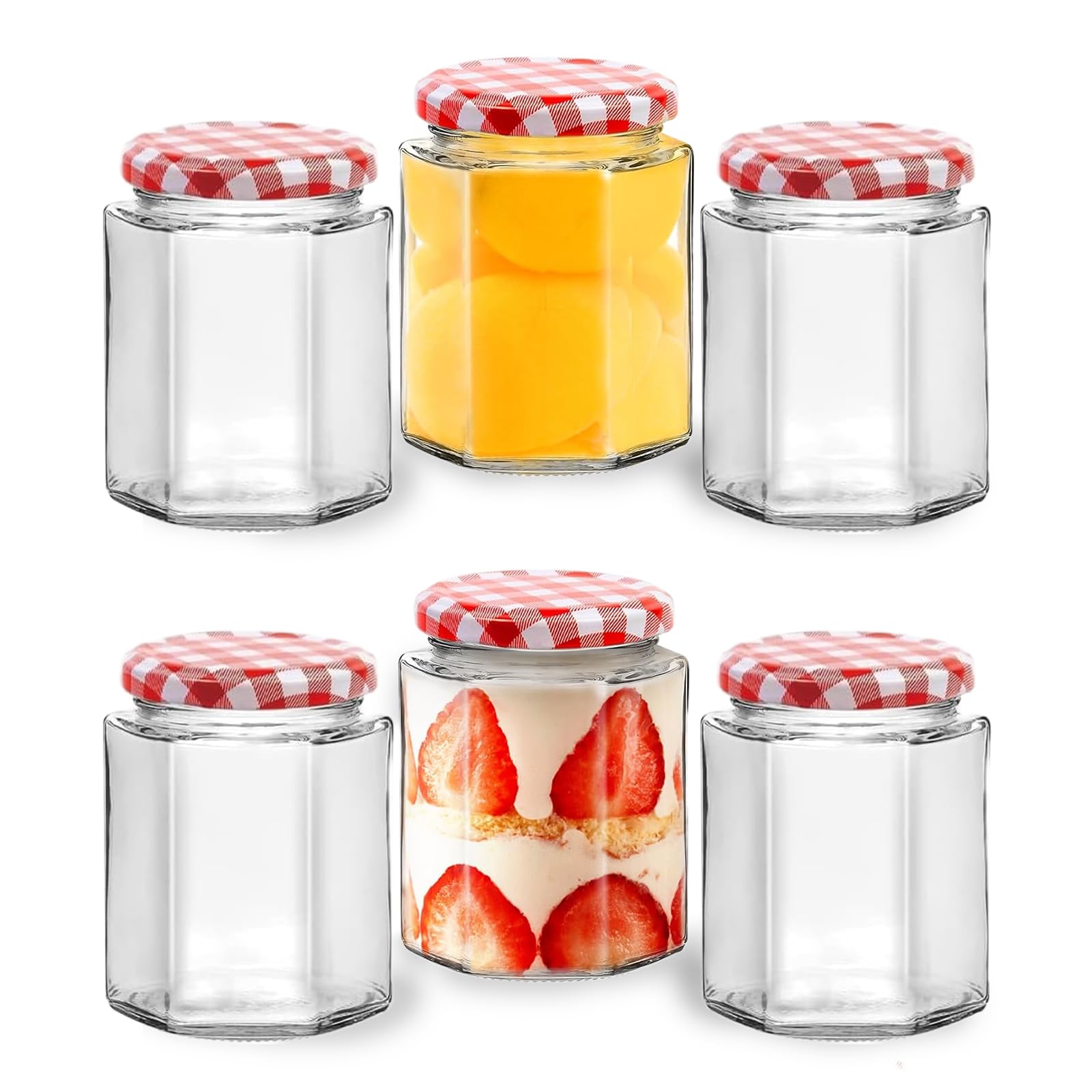MEETOZ Glass Jam Jars-6 Pack Airtight 280ml,Glass Preserve Pots with Screw Top Red Gingham Lids,Hexagonal Storage Glass Jars for Kitchen Spices Honey or Sweets Kimchi Jar