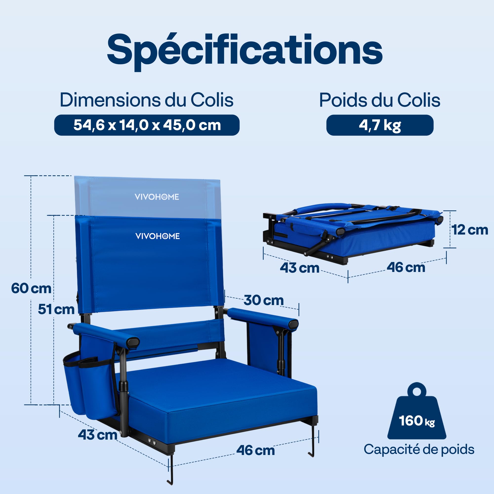 VIVOHOME Sièges de Stade à Dossier Haut réglable en Hauteur avec Dossier et Coussin Lot de 2 Chaises de Gradins Portables avec Porte-gobelet et Bandoulière