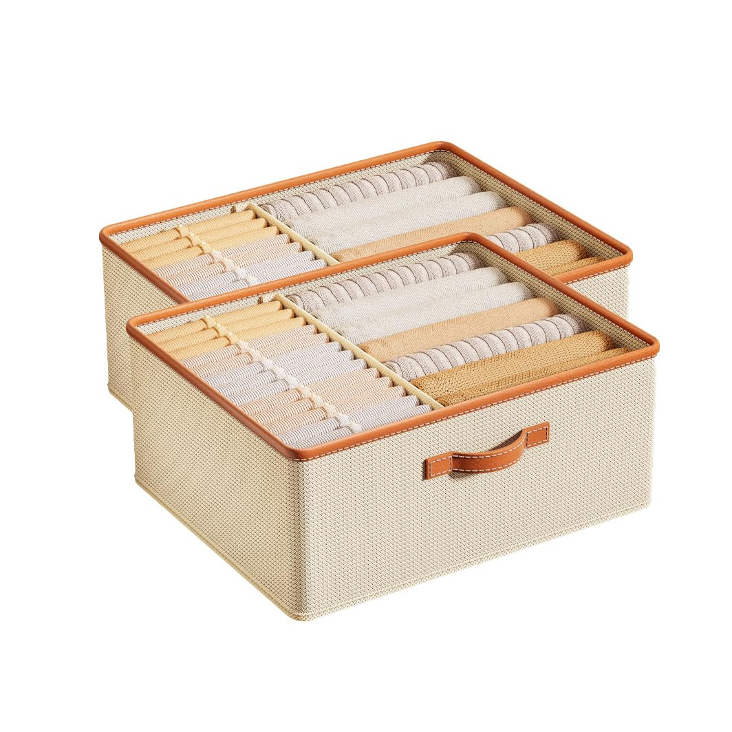 DESALOV Linen Closet Organizers and Storage Baskets with Divider, Extra Large Storage Boxes for Wardrobe Shelf Laundry Room, Beige, 2-Pack