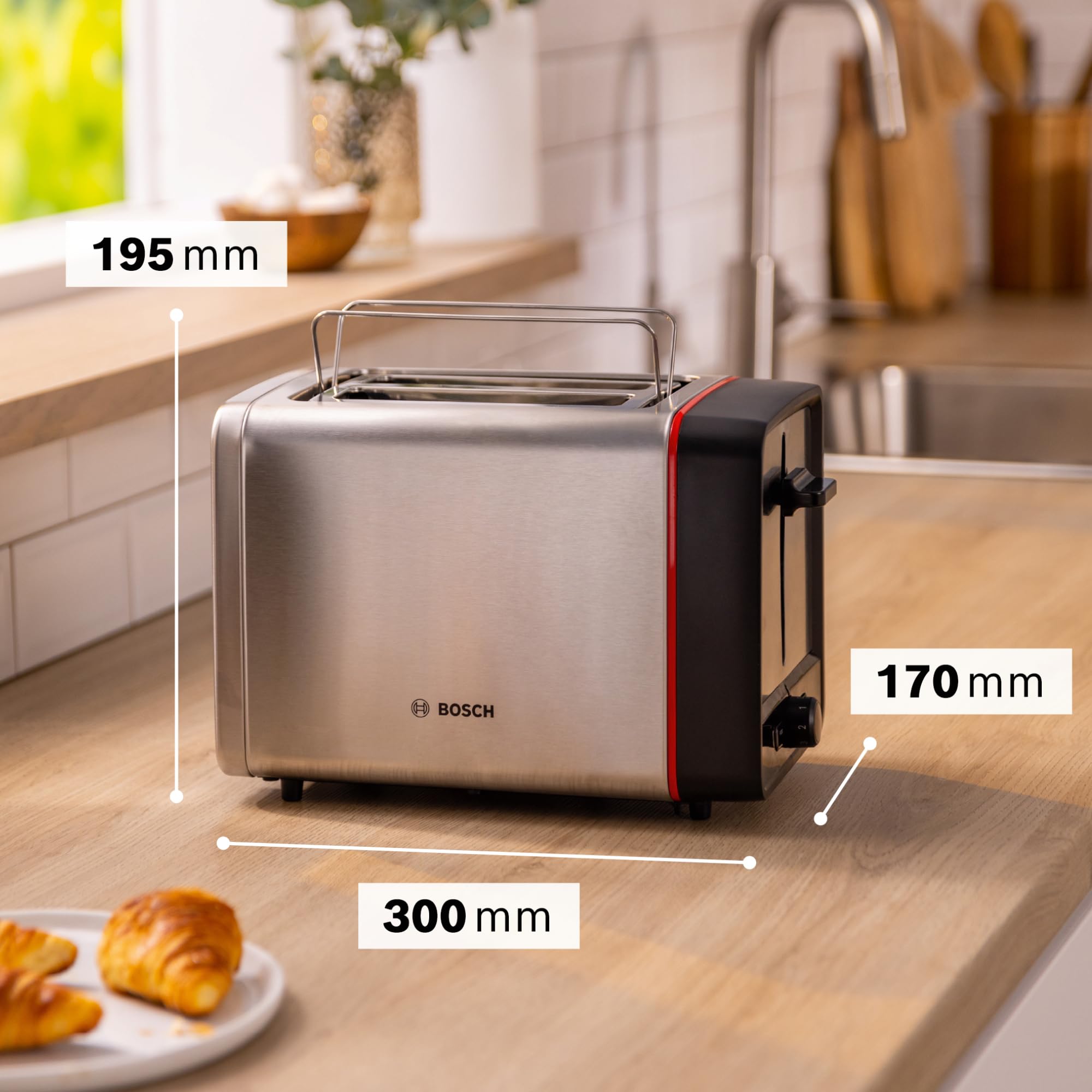 Bosch MyMoment TAT6M420 - Tostapane pieghevole rimovibile, con funzione di scongelamento, spegnimento automatico, funzione sollevamento, centraggio del pane, ideale per 2 fette, 800 Watt, in acciaio