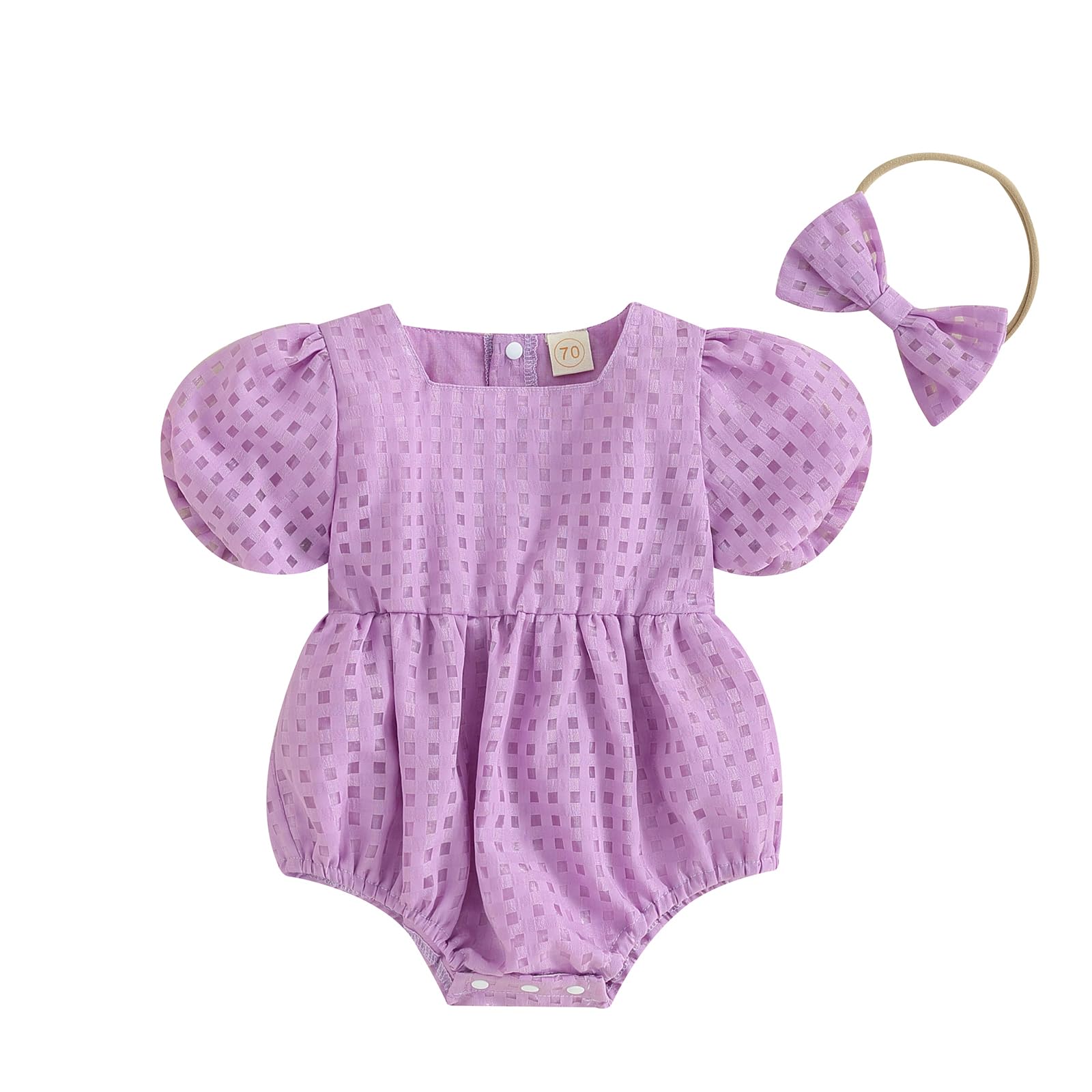 Newborn Baby Girl Summer Clothes Bubble Romper Solid Color Mesh Plaid Bodysuit Jumpsuit + Headband Outfit (Purple, 12-18 Months)