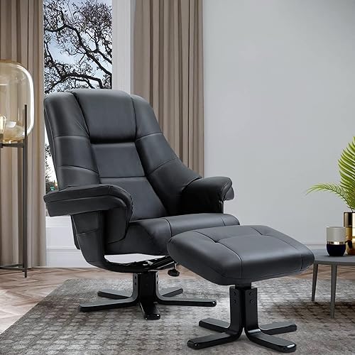 Miniatura 7 de AVAWING Silla reclinable con otomana, silla reclinable giratoria con base de madera para sala de estar, dormitorio, piel sintética, color negro