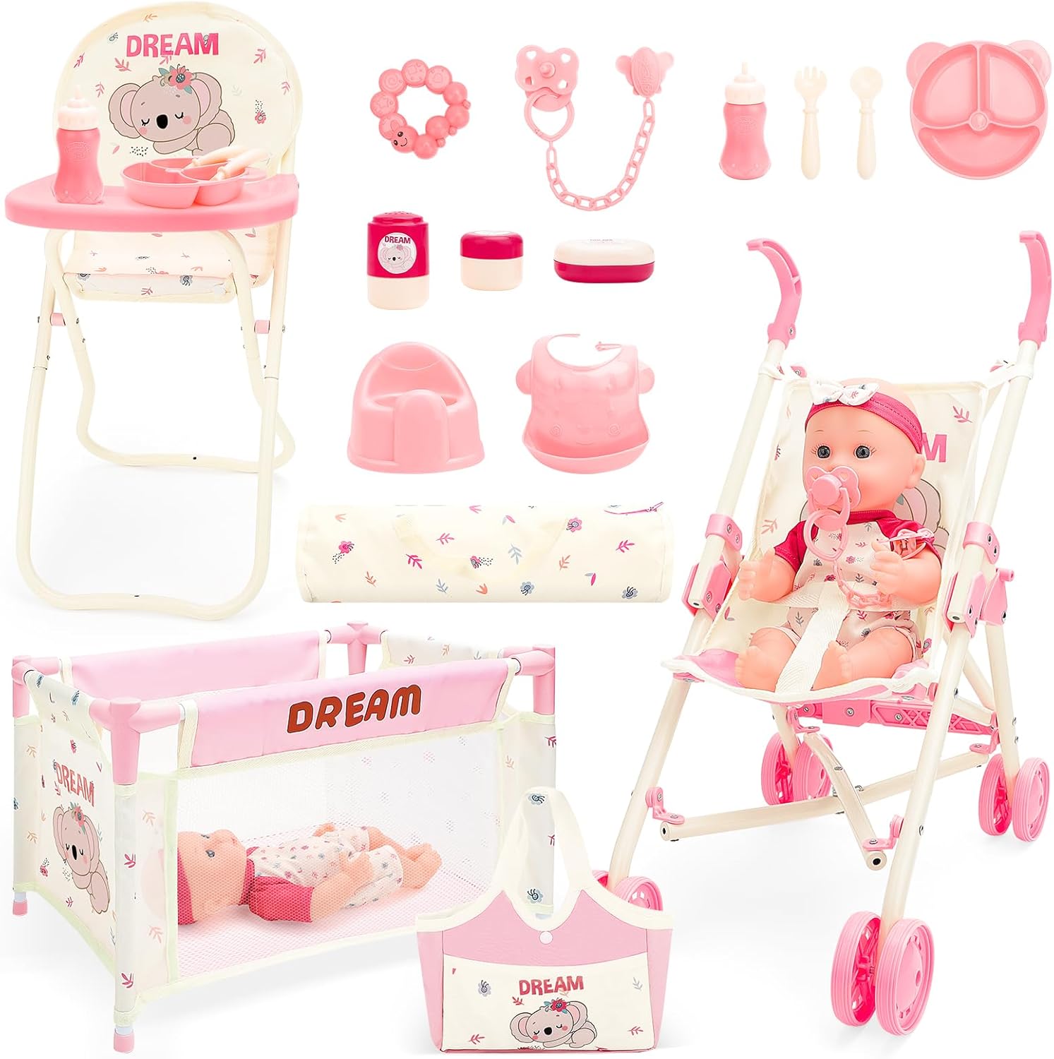 deAO 12in Baby Doll Nursery Set, Pretend Role Play Cot Toy, Dolls Nursery Accessories Include Stroller, High Chair, Feeding Accessories, Storage Bag, Baby Doll Care Play Set for Girls 3+​​