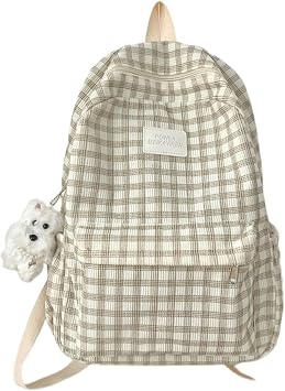 Cute Plaid Backpack Shoulder Bagvintage Design Stylish Daypack Padding Coquette Bookbag Aesthetic Y2k Purse White