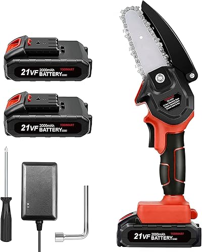 Skcoipsra Mini motosierra inalámbrica de 4 pulgadas, motosierra eléctrica portátil de 2.43 libras con 2 cadenas y baterías, sierras de cadena