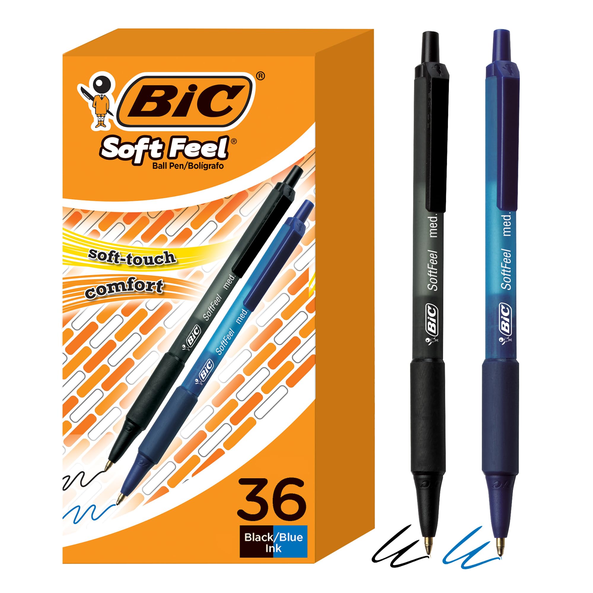 BIC Soft Feel Retractable Ballpoint Pen, Medium Point (1.0mm), Black and Blue, 36-Count
