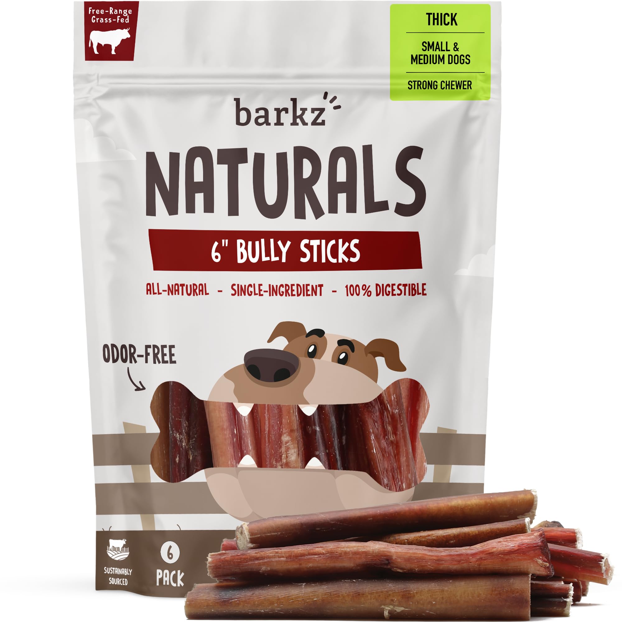 Barkz Naturals 6 Inch Thick Odor-Free Bully Sticks for Dogs (6 Pack) - 100% All-Natural Beef Pizzle Sticks for Small to Medium Dogs - Strong Chewers -