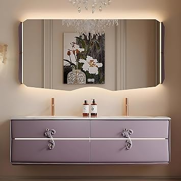 76IN Double Sink Bathroom Vanity, Solid Wood Bathroom Vanity Set with 3 Llarge Drawers, Storage Side Cabinet & Included Defogging Function | Floating Bathroom Vanities with, Purple
