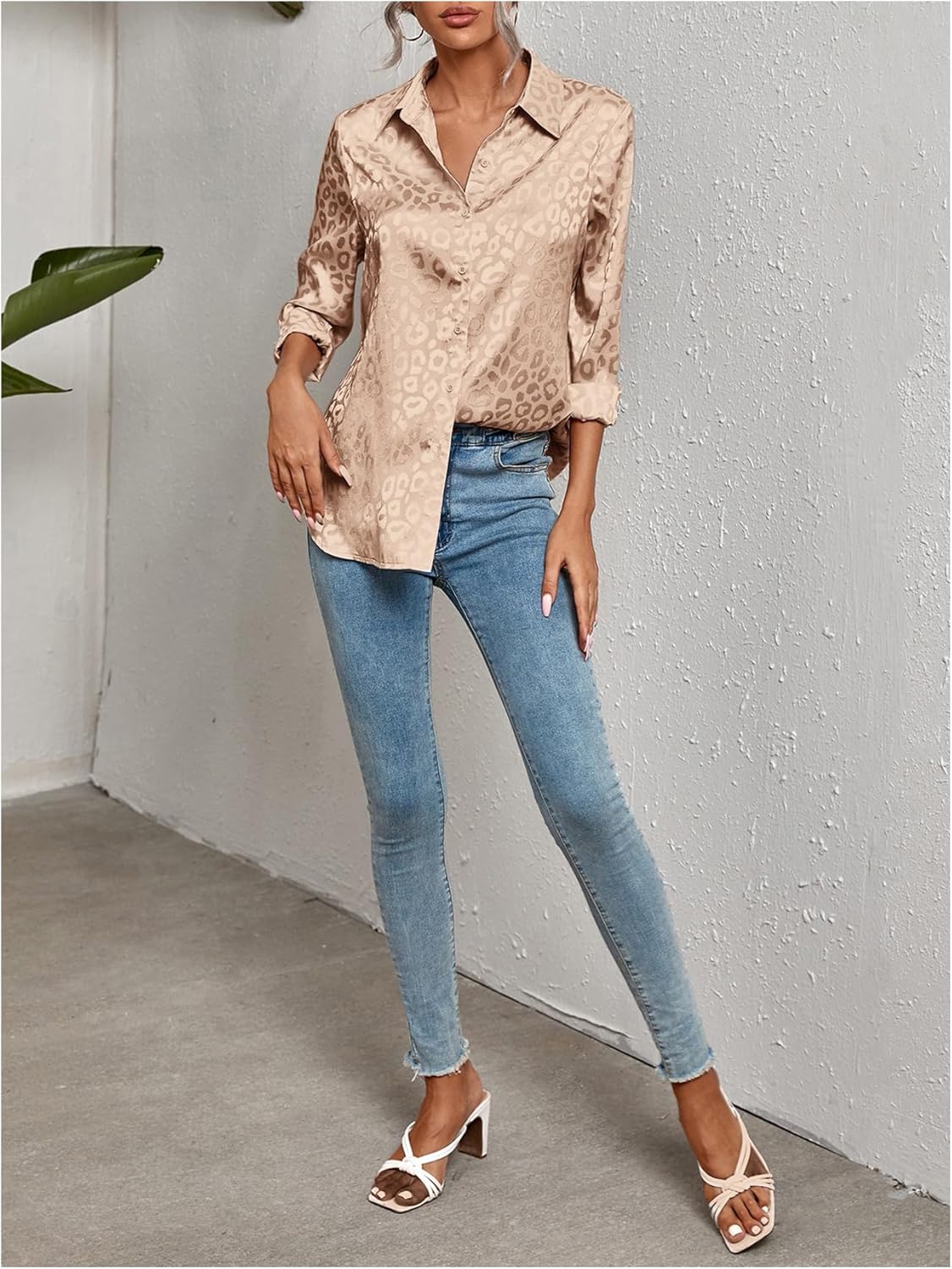 Floerns Women's Elegant Jacquard Long Sleeve Satin Button Down Shirt Blouse - Image 5