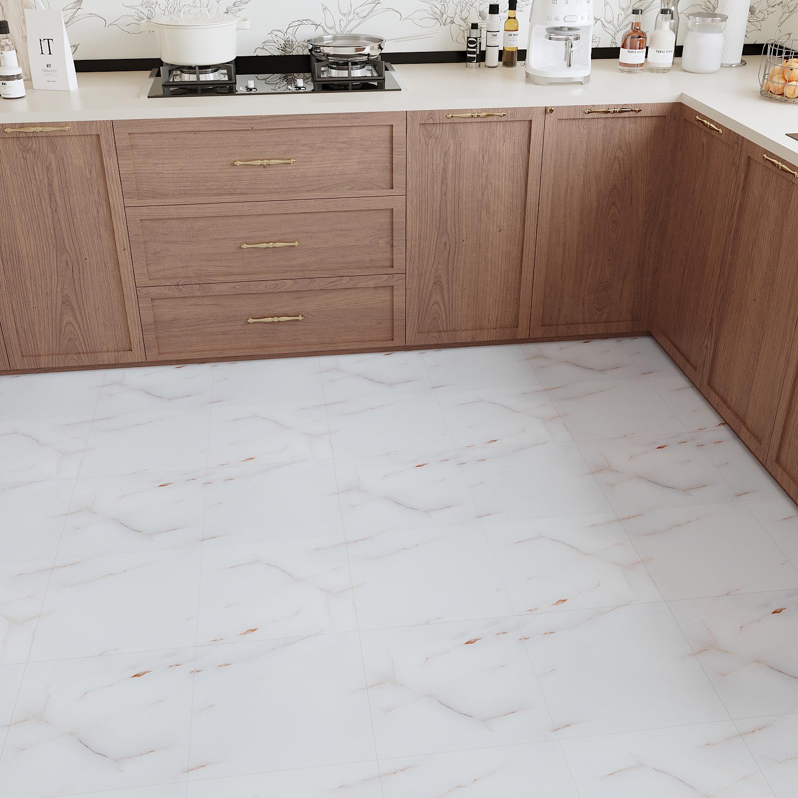 VEELIKE Pavimento PVC Adesivo Marmo Bianco Oro 24 Pezzi Piastrelle Adesive Pavimento Bagno Spesso Adesivi per Piastrelle Marmo Bianca per Cucina Camera da Letto Garage Impermeabile 30 cm x 30 cm