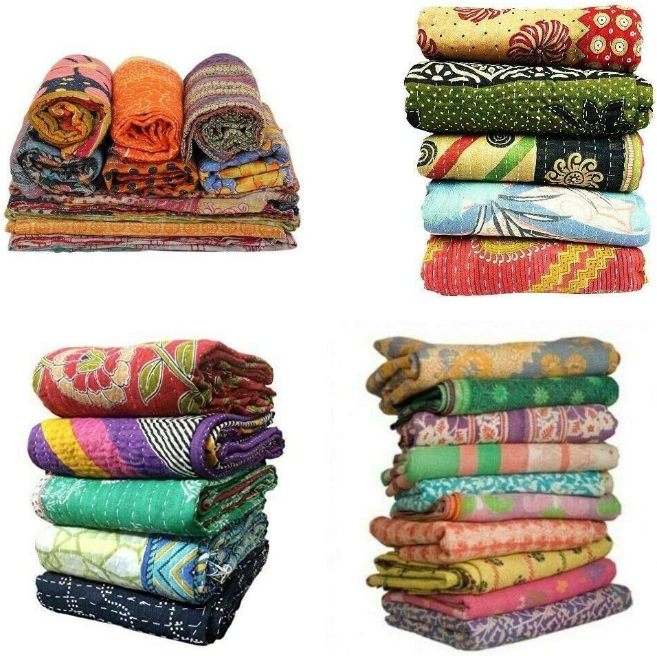 rajwada-fashionIndian Tribal Kantha Quilts Vintage Cotton Bed Cover Throw Old Sari Made Assorted Patches Made Rally Whole Sale Blanket (55X85 Inches) Twin Size