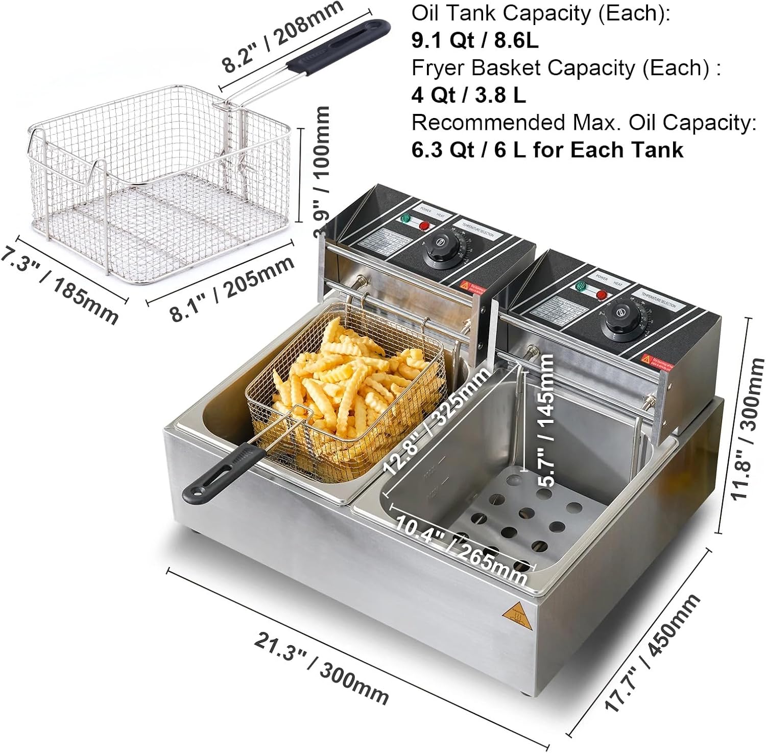 Electric Commercial Deep Fryer 12L Fryer 5000W Twin Basket Dual Tank Countertop Stainless Steel Deep Fryer Professional Oil Frying Machine for French Fries Chicken Fish Restaurant Catering Kitchen