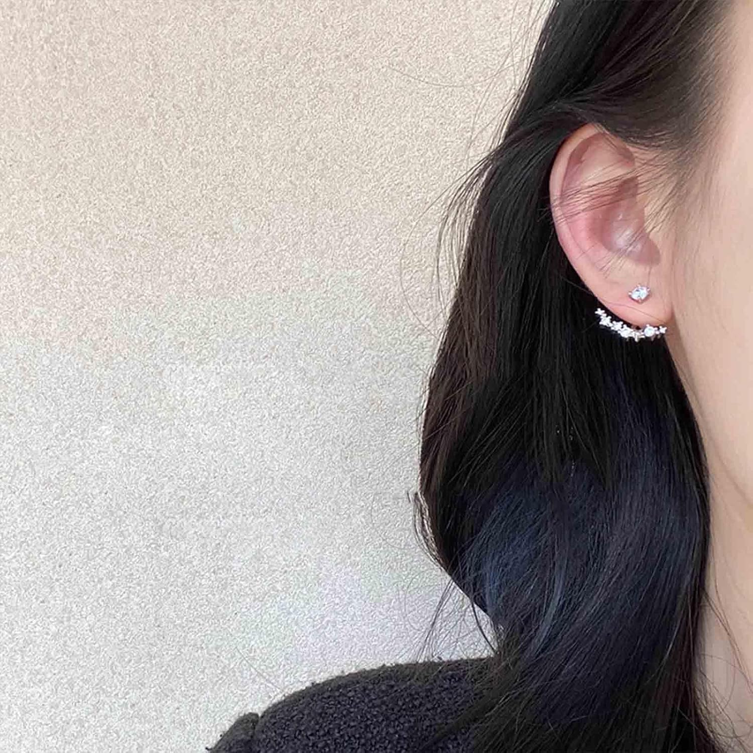 Crystal Jacket Earrings for Women Bohemian Rhinestone Earrings Silver Cz Stud Earrings Paved Arc Bar Earrings Vintage Front Back Earrings Jewelry for Girls Gifts - Image 3
