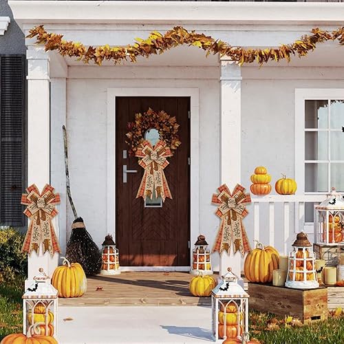 Miniatura 5 de Lazos grandes de otoño para corona, lazos de corona de cosecha de camión de Acción de Gracias, lazos de lana cuadriculada naranja para puerta