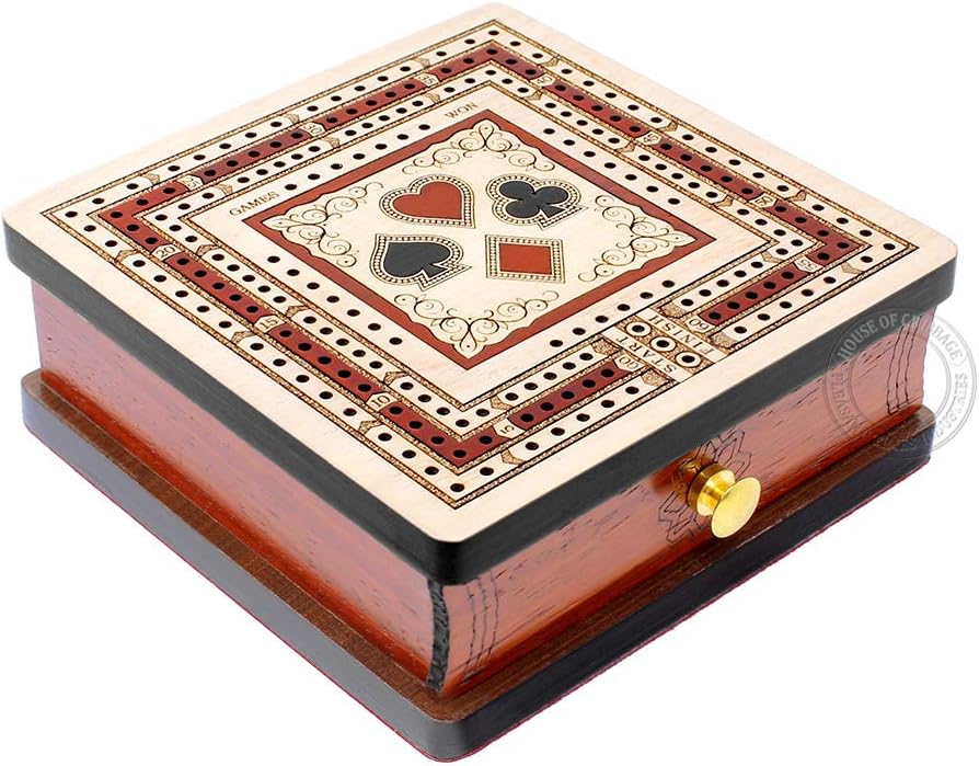 House of Cribbage 3 Track Cribbage Board Inlaid in Maple Wood/Bloodwood - Size: 5"x5" - Wood Inlaid Card Symbols (Suits) + Storage Drawer for Cribbage Pegs & Playing Cards