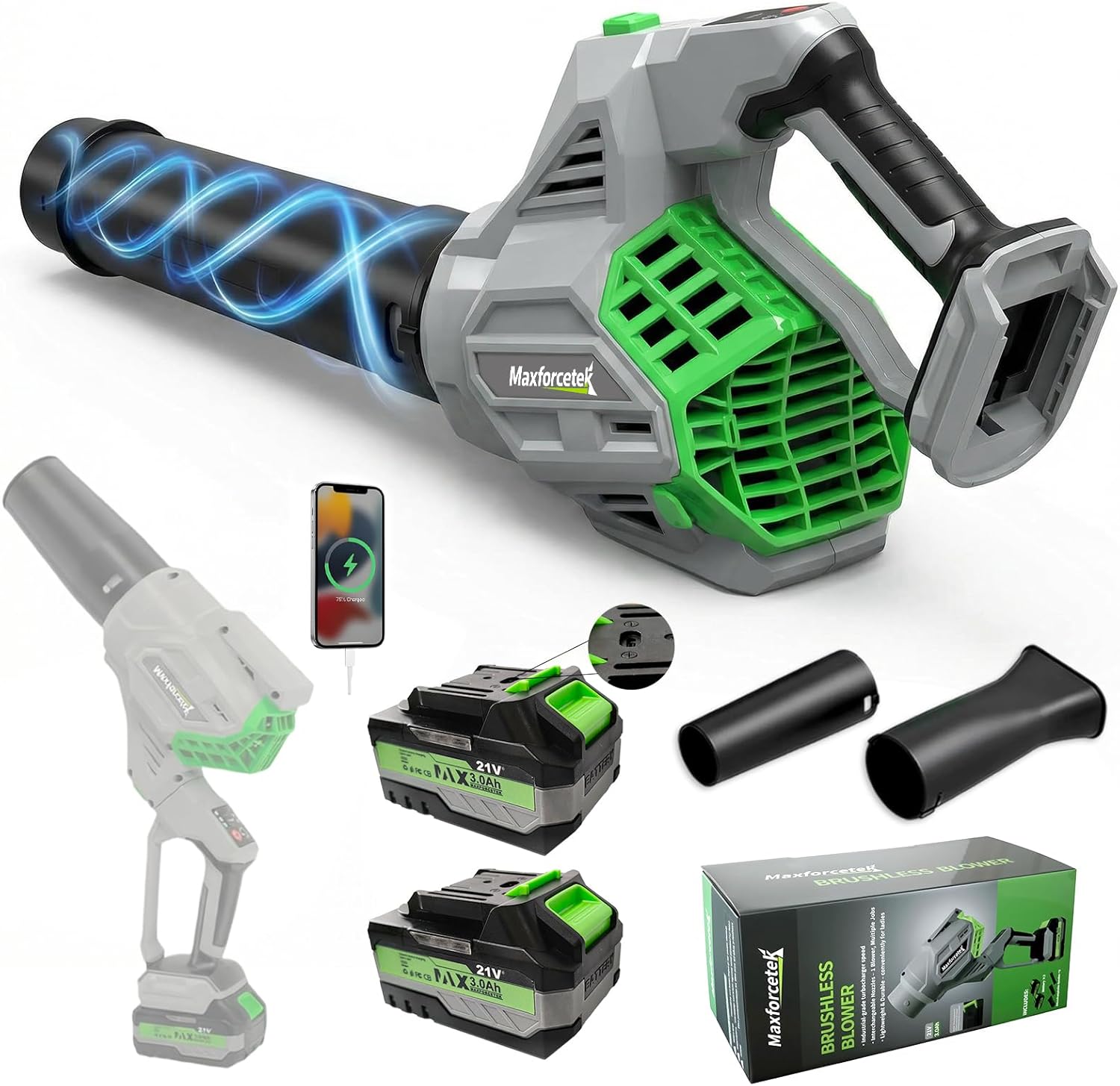 21V Cordless Leaf Blower with Battery and Charger, High-Performance Brushless Motor, 3.0Ah Lithium-Ion Battery for Extended Runtime, Lightweight Handheld Blower for Lawn Care