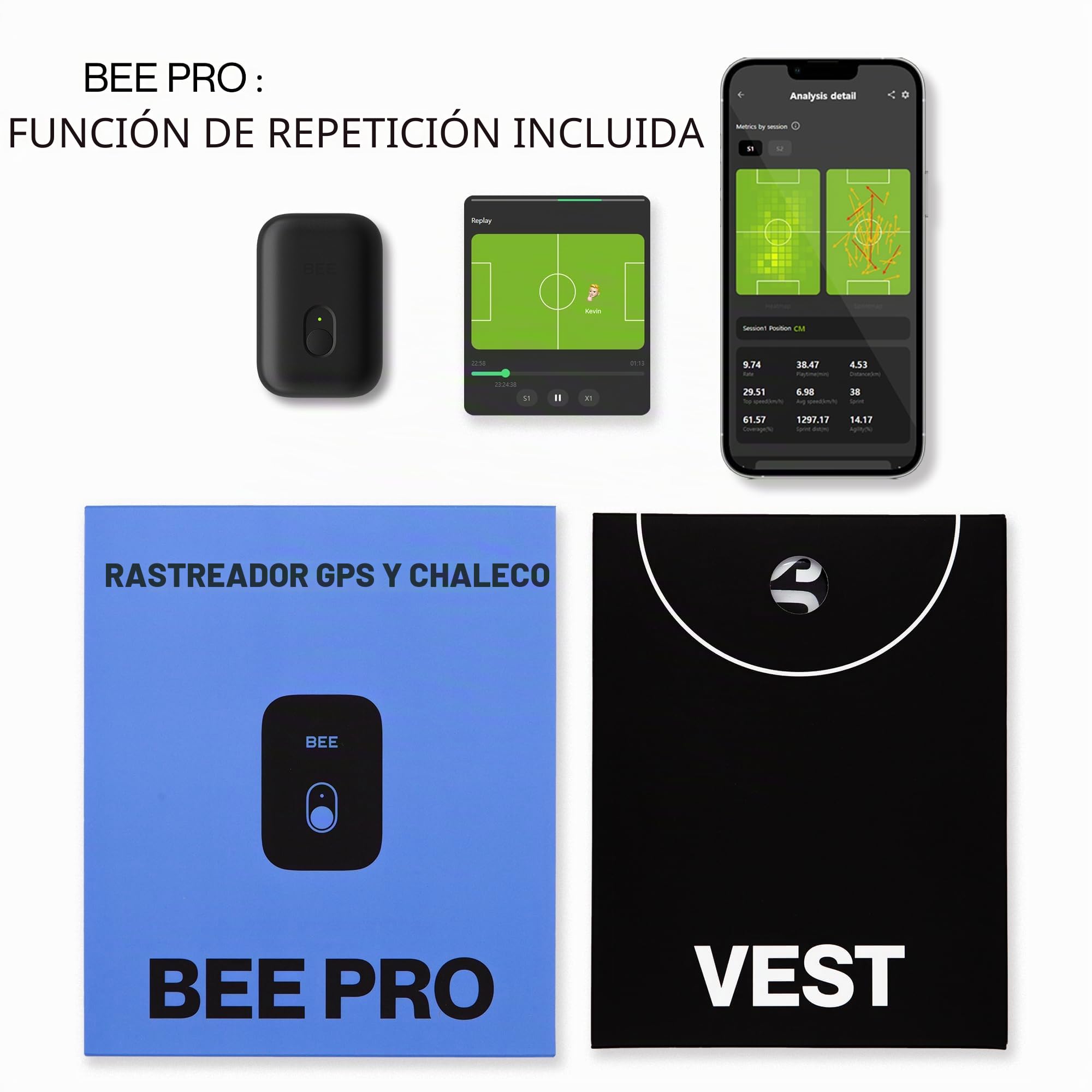 SOCCERBEE - BEE PRO 2 - Rastreador GPS deportivo y chaleco para deportes al aire libre | Prueba de 30 días incluida y suscripción requerida | Equipo de entrenamiento de fútbol | Rastreador de fitness