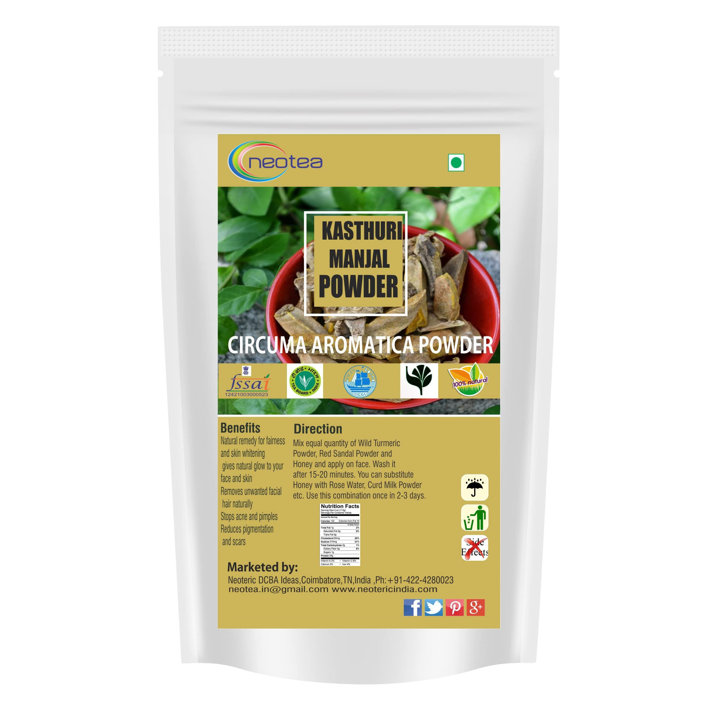 Neotea Kasturimanjal Powder | Natural Kasturi Haldi Powder for Glowing Skin | Wild Turmeric (Curcuma Aromatica) for Acne, Dark Spots, & Tan Removal | 100% Pure, Chemical-Free, Preservative-Free | Brightening & Whitening Face Pack for Healthy Complexion | Organic & Traditional Beauty Care 500 GM