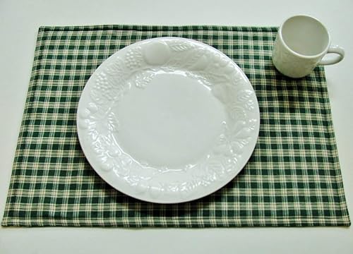 Green Plaid Placemats (Sold Individually) Made In USA Custom-Made Reversible Washable 12" x 18" or 13" x 19" Country Elegant Pine-Green/Tan Woven