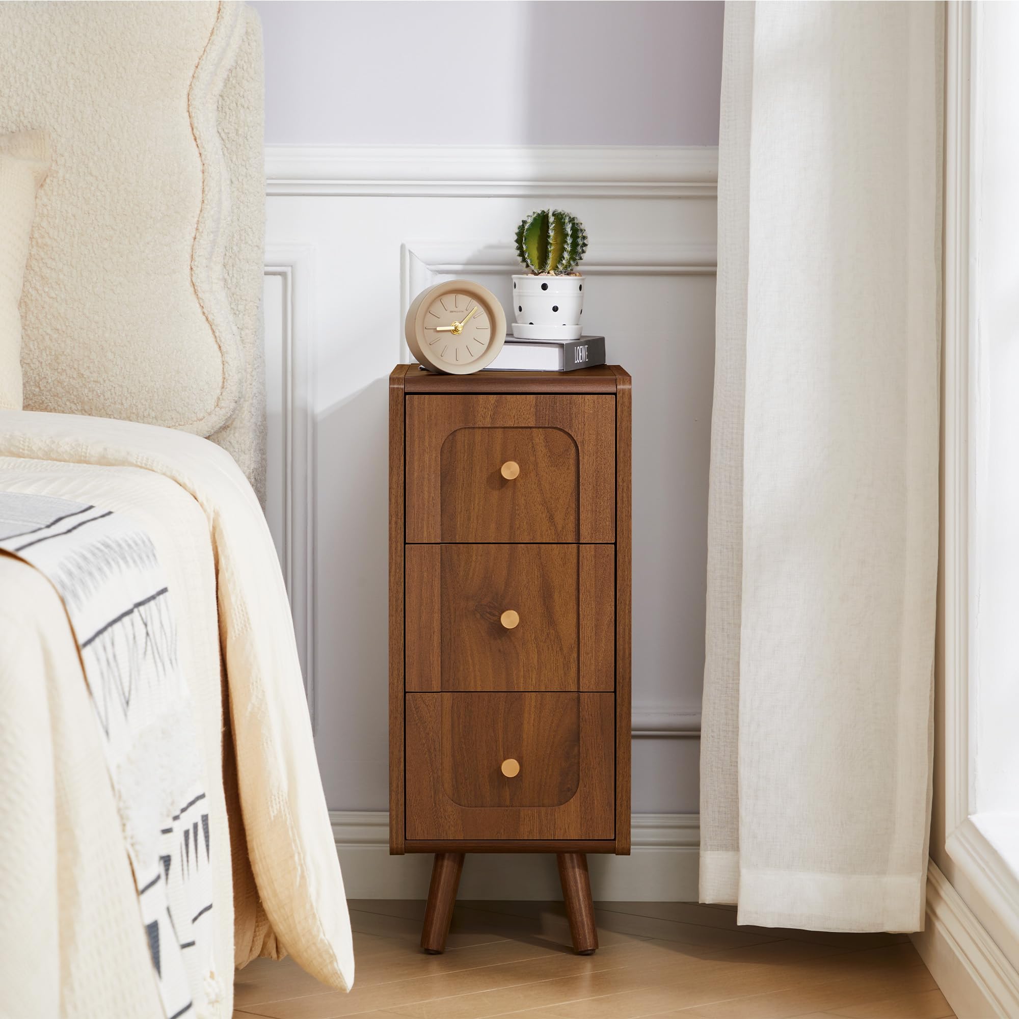 Narrow Nightstand with 2 Drawers, Small Bedside Tables, Mid-Century Modern Slim Night Stand with Storage, Wooden End Table for Small Spaces, Bedroom, Living Room (Walnut-1PCS) — view 15