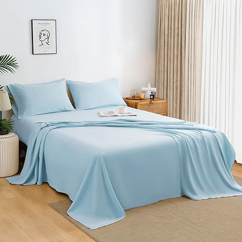 HENGWEITEXT Juego de sábanas de tamaño Queen, sábanas de color azul claro con bolsillo profundo, sábanas de microfibra 1800 de alta calidad, extra