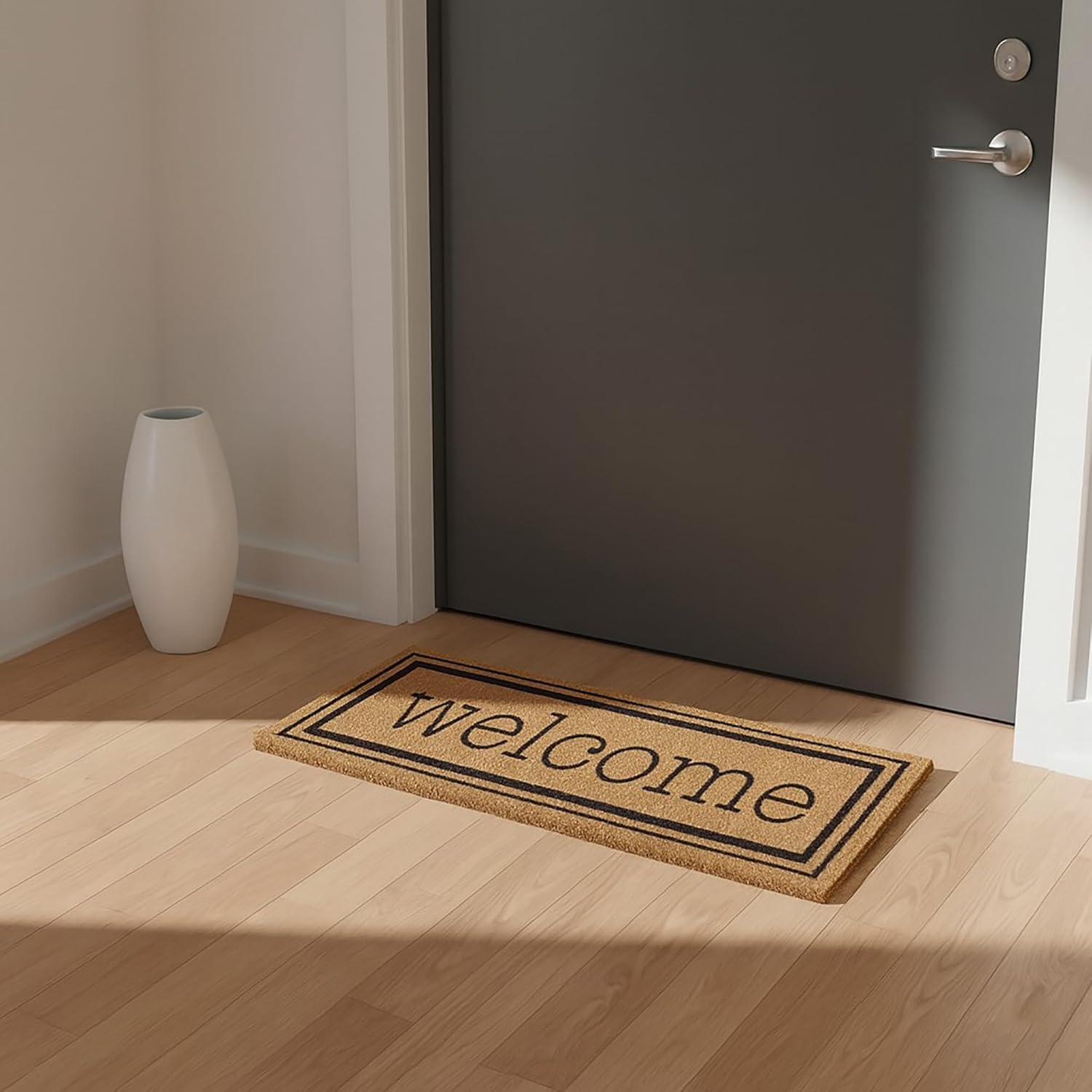EVIDECO French Home Goods Welcome 30x10 Long Sheltered Front Door Mat Coco Natural