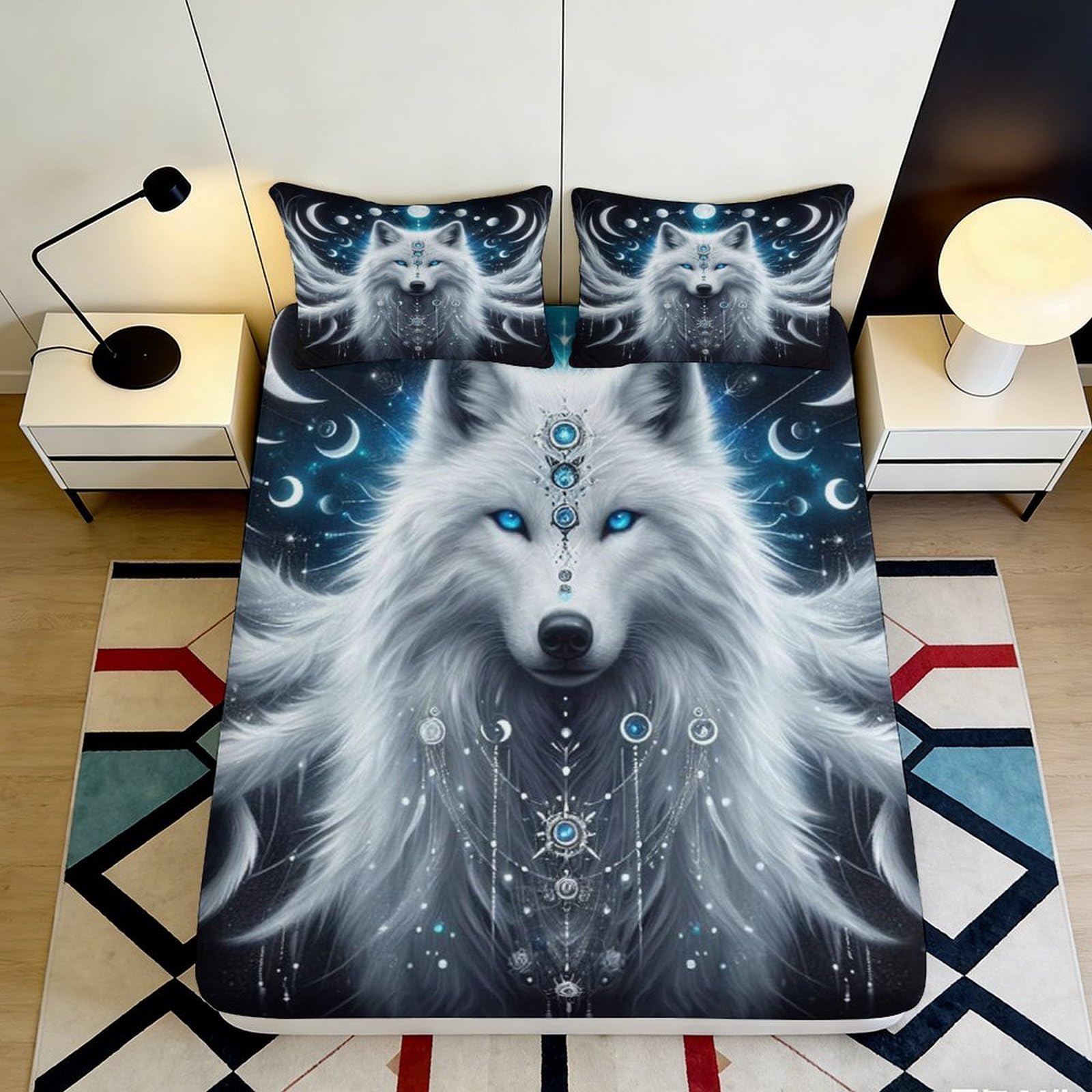 3D Printed Mystical Wolf Fitted Sheet Microfiber Soft Breathable Moonlight Bed Cover for Bedroom Dorm Decoration 90x200x25cm
