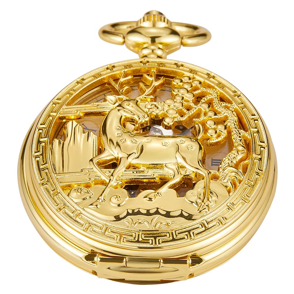 Whodoit Double Open Mechanical Pocket Watch Golden Deer Skeleton Case, Roman Numerals Mechanical Pocket Watch for Men