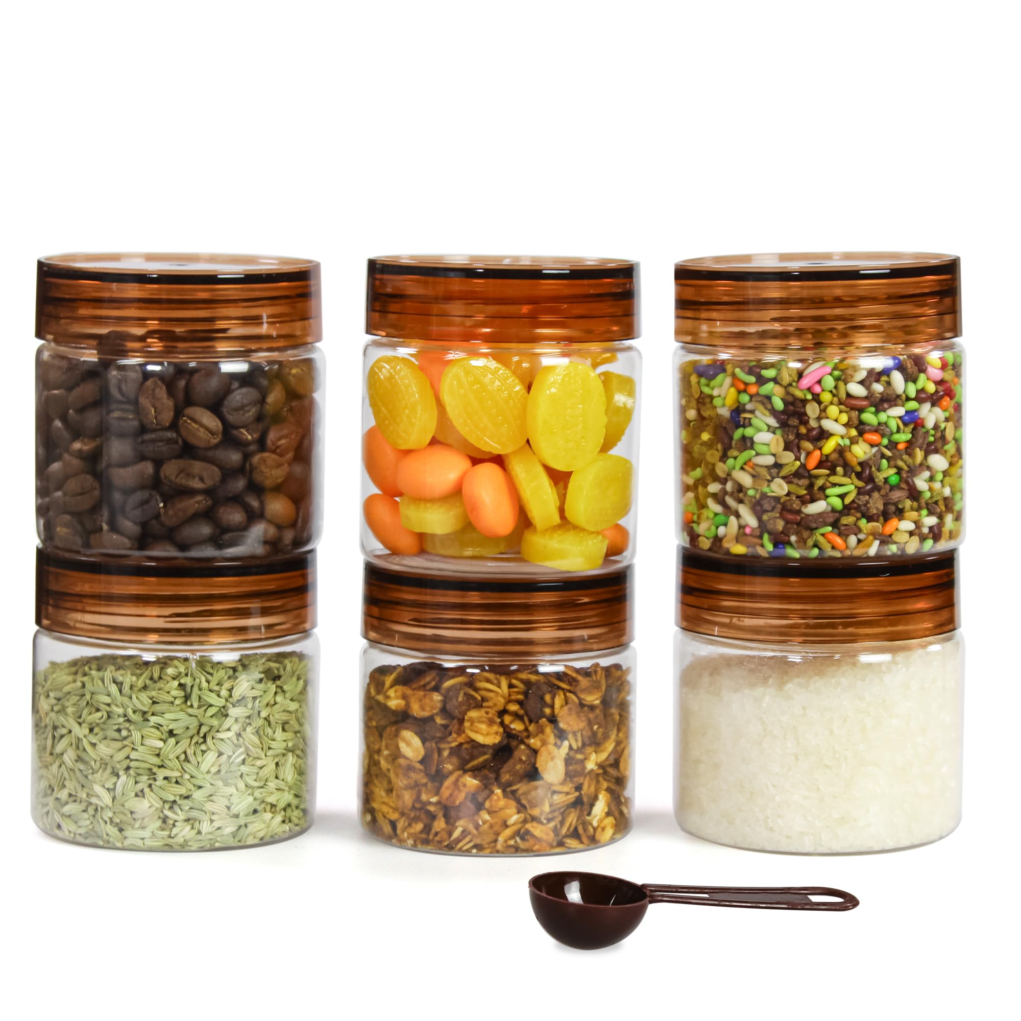 PEARLPET Plastic Containers for Kitchen Storage | Plastic Container Set with Spoon | BPA-Free, Stackable Jars | Brown,200 ML (Set of 6)