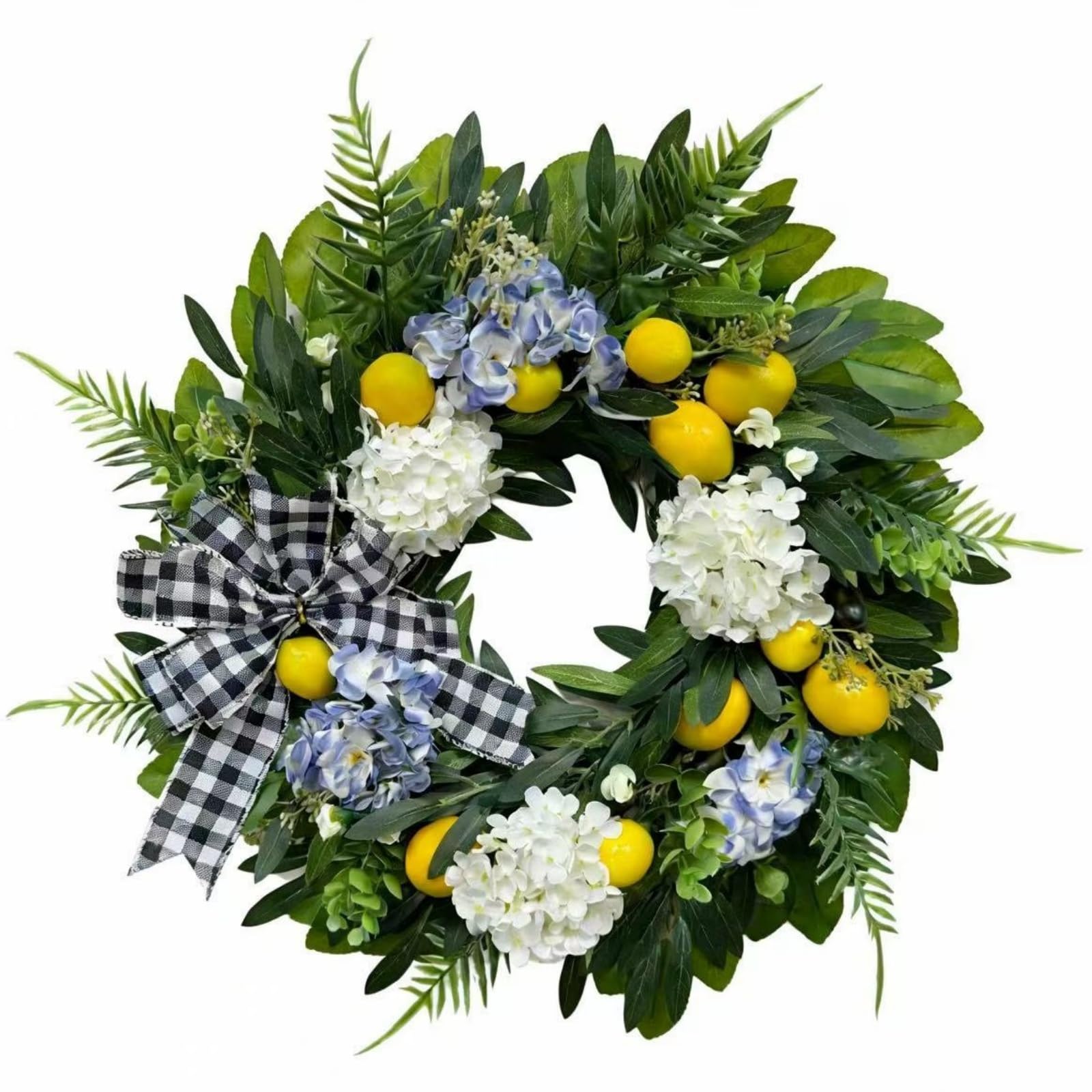 Künstlicher Sommer Deko Kranz, 45/55cm Grüner Frühlings-Sommer-Kranz, Künstlicher Zitronen Türkranz mit Blau-weißen Hortensien & Karo-Schleife, für Haustür und Wand (55 cm)