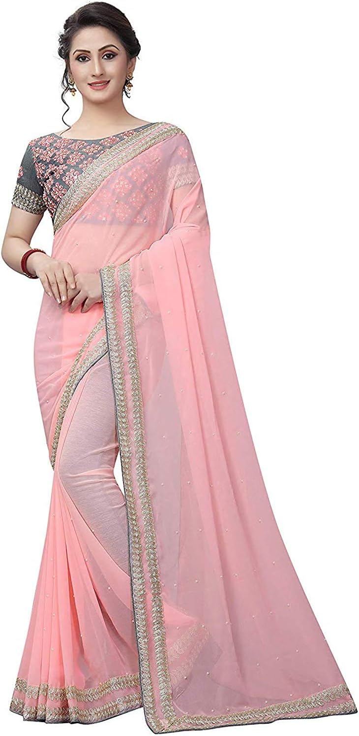 Ethnic Wings Women's Georgette Saree With Blouse Piece (LJKNGG10660_Orange, Peach)