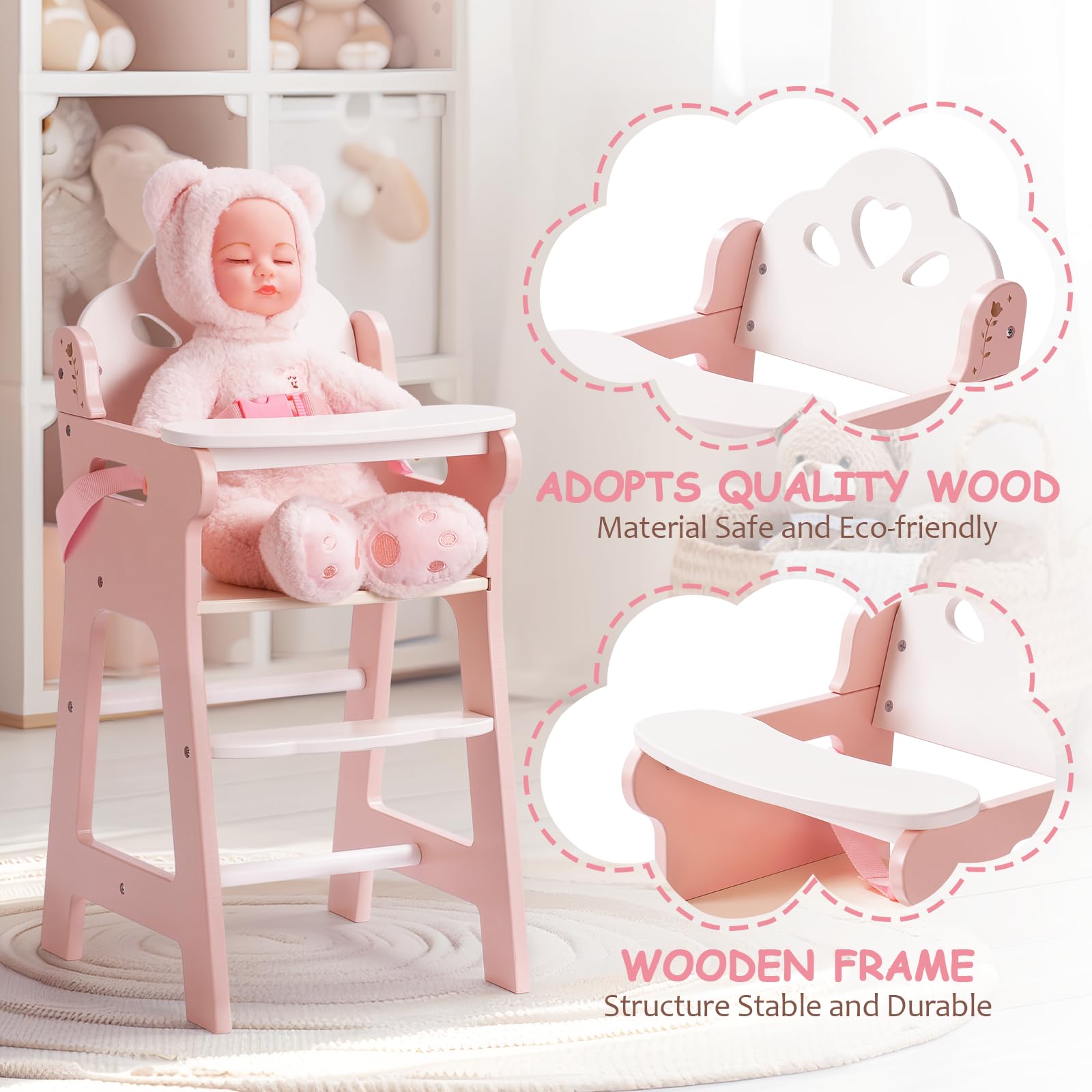 Silla alta de muñeca de bebé, silla alta de juego de simulación con cinturón de seguridad, accesorios de muñeca de madera rosa con mesa móvil, se adapta a muñecas de 18 a 20 pulgadas 8
