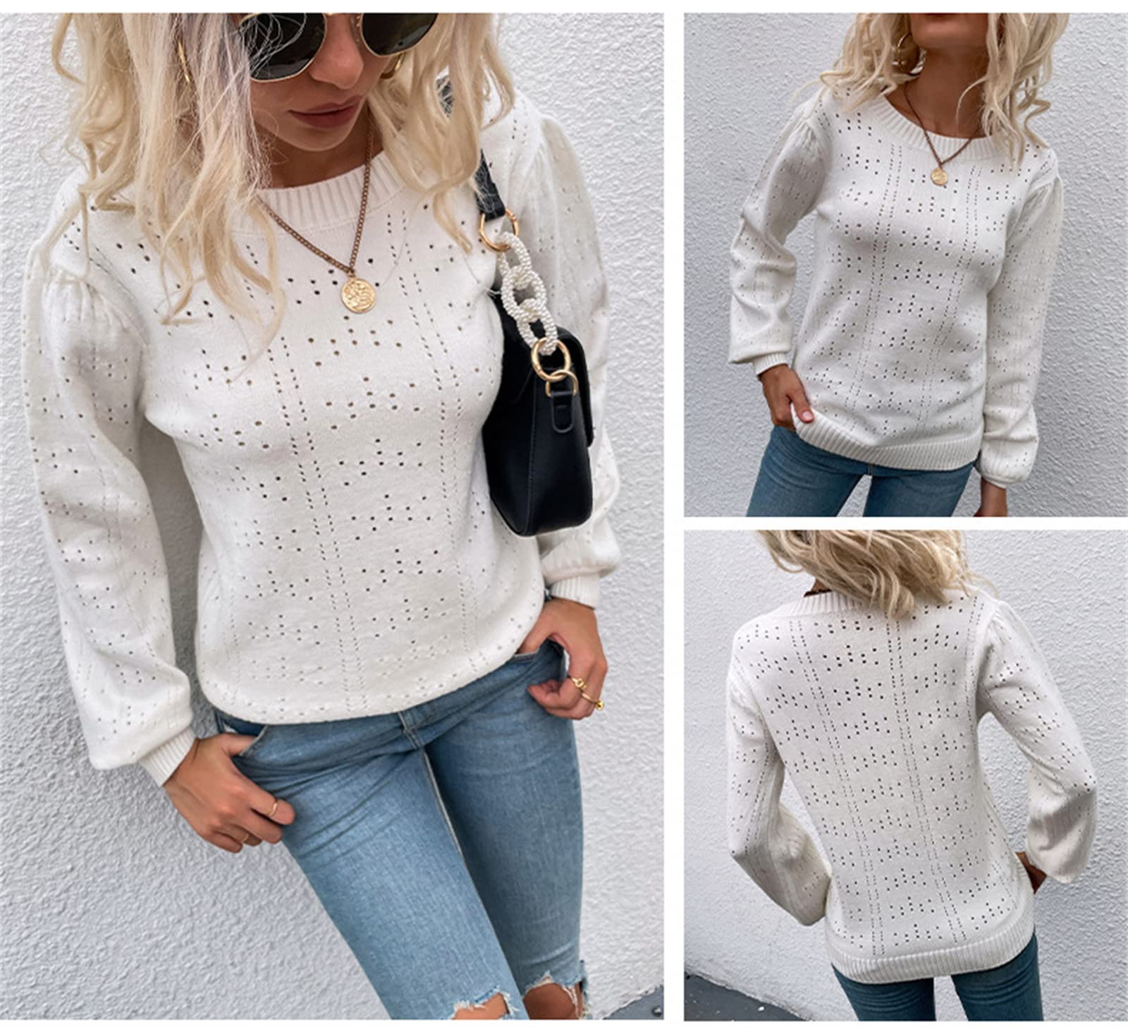 Damski sweter z okrągłym dekoltem sweter pusty dzianina codzienny długi rękaw miękki sweter z dzianiny płaszcz, biały, L