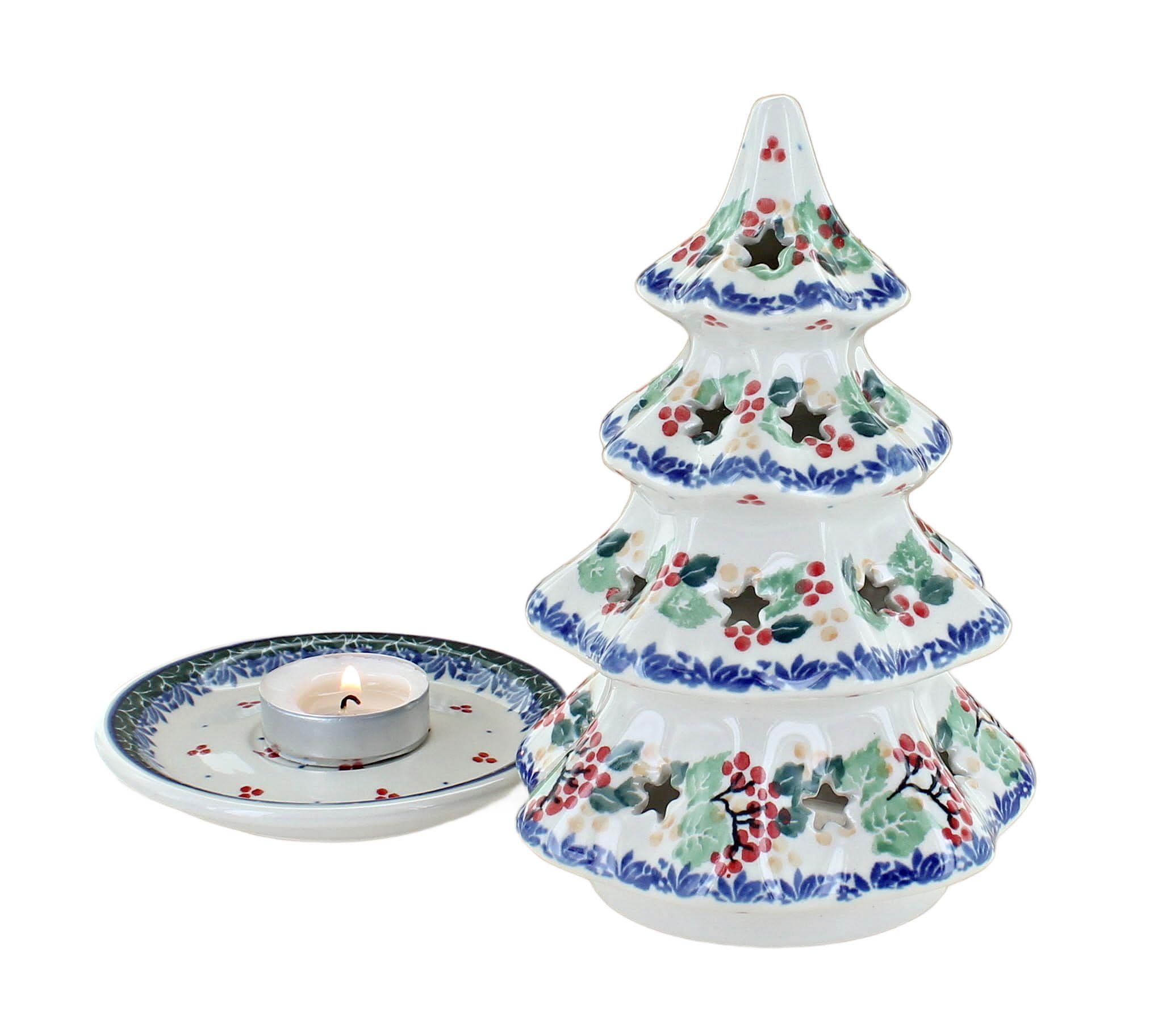 Blue Rose Polish Pottery Holly Medium Christmas Tree Luminary