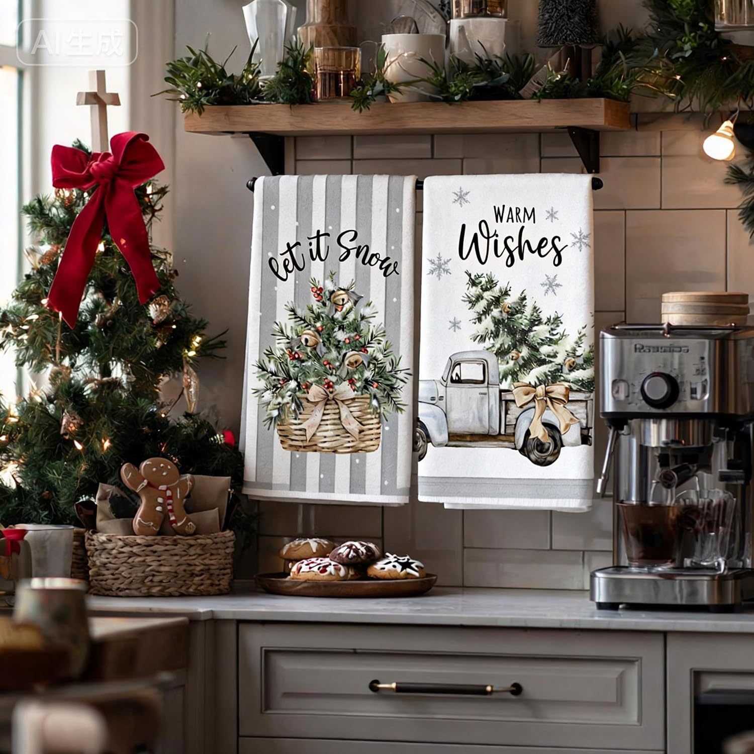 Winter Holiday Kitchen Towels, Christmas Decorative Design, Set of 4, White and Gray (Gray) - Image 2