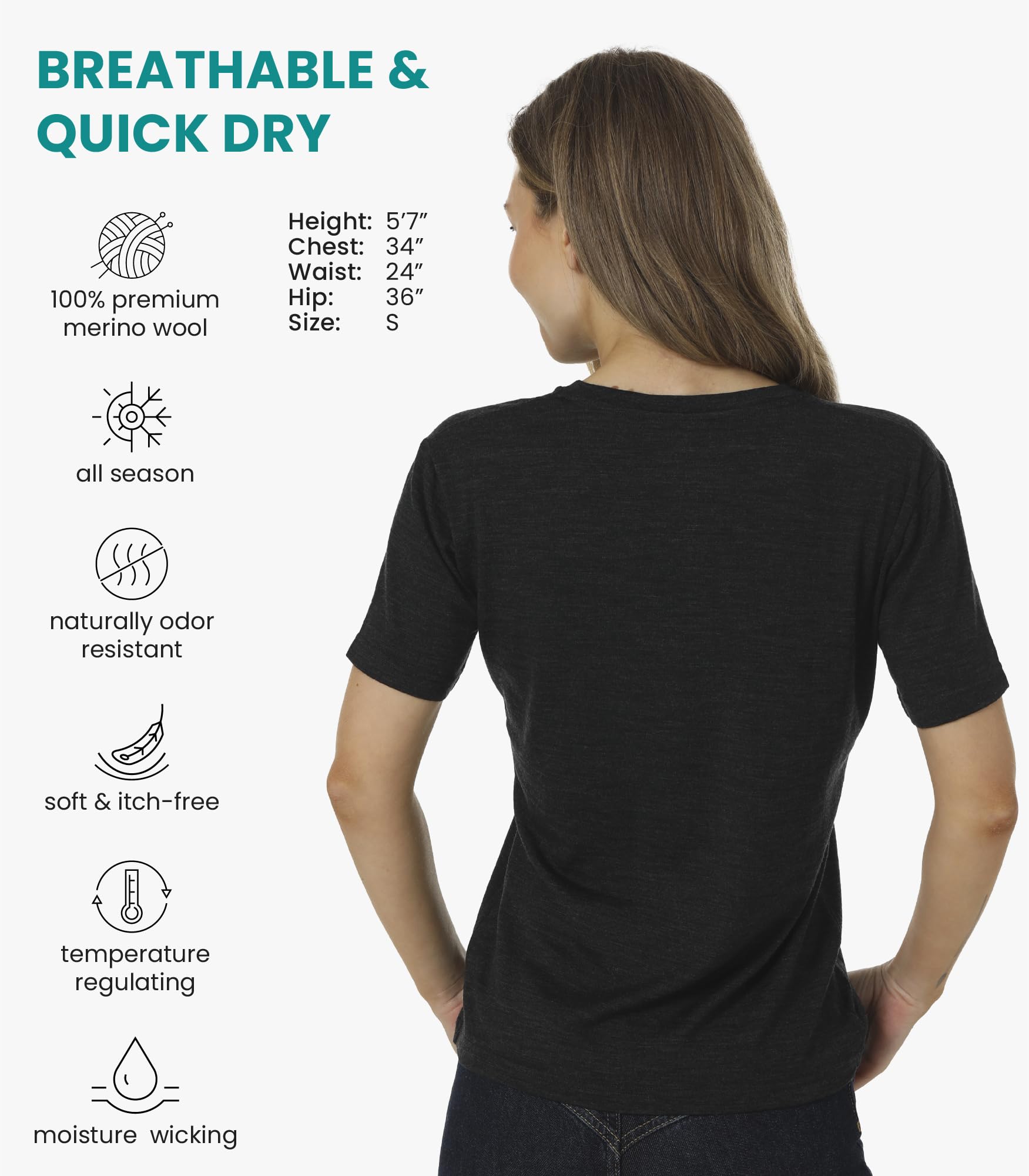 Merino.tech Maglietta Donna Lana Merino Manica Corta Intimo Sportivo (Ebony Gray Scoopneck, M)