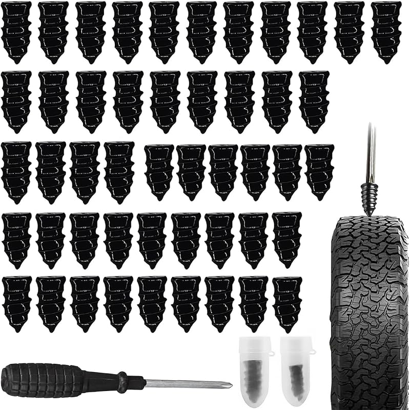 EJRUP 50 Piezas Kit Repara Pinchazos Coche,Clavo de Goma para Neumáticos, Clavo de Goma con Destornillador,2 Tamaños Tire Repair Studs with Screwdriver,para Moto, Coche, Camión, Bicicleta (25S+25L)