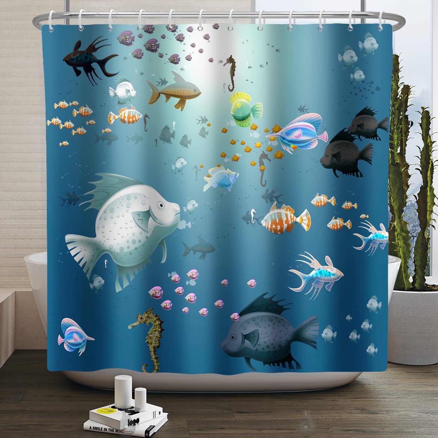 SDOTPMT 122x183cm Cartoon Fish Shower Curtain Colorful Tropical Fishes Hippocampus Marine Animal Bath Curtain Blue Ocean Bathtub Curtain for Bathroom Decor Fabric Polyester Waterproof with Hooks - Image 3