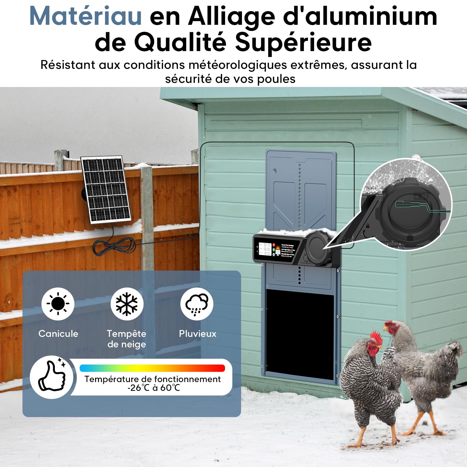 CHAMUTY Grande Taille Porte Poulailler Automatique Solaire, Porte Automatique Poulailler en Aluminium avec 7W Panneaux Solaires, Minuterie, Affichage LED, Télécommande, Deux méthodes de Chargement