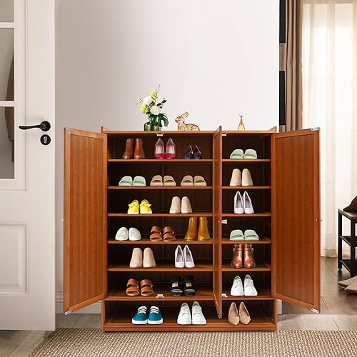 Miniatura 4 de Estante de almacenamiento de zapatos de 8 niveles, estante de almacenamiento de piso de zapatos de bambú con puertas de persiana para 30 pares,