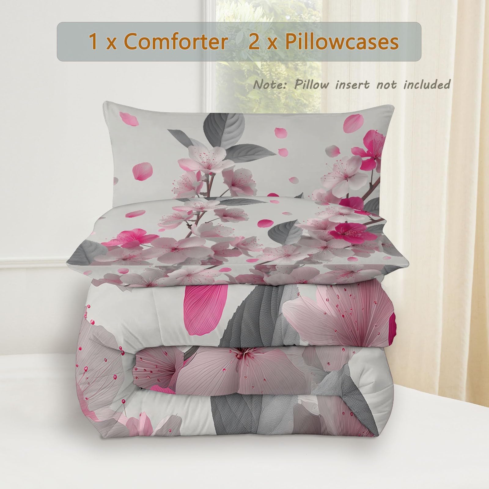 King - Set copripiumino lavabile con 2 federe, 4,5 Tog, grigio e rosa, per tutte le stagioni, leggero, caldo, motivo piante 3D, motivo fiori e foglie, 200 x 220 cm